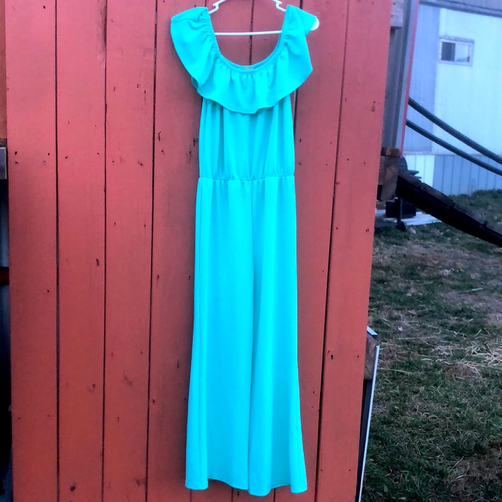 Hybrid & Company Off the Shoulder Wide Leg Jumpsuit Mint Green Small NWOT
